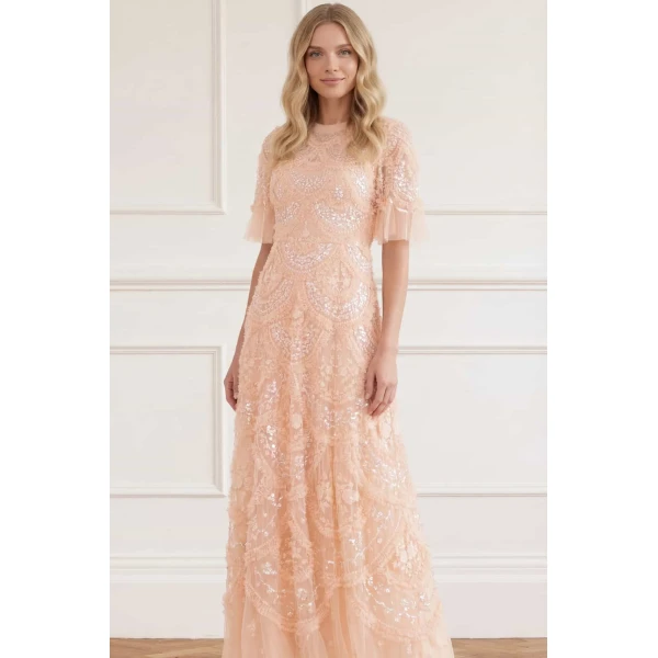 Needle & Thread Carmen Ruffle Ankle Gown in Apricot Blush - Dresses - British Luxury Evening Wear at Luxury Shoes 