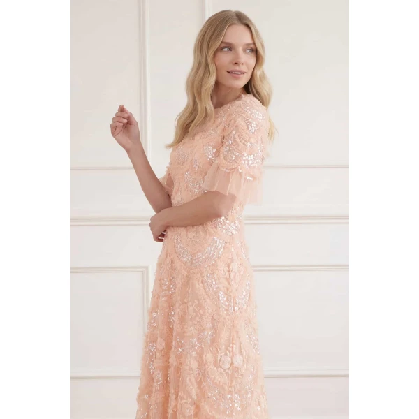 Needle & Thread Carmen Ruffle Ankle Gown in Apricot Blush - Dresses - British Luxury Evening Wear at Luxury Shoes 