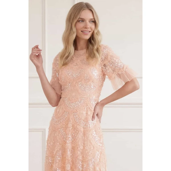Needle & Thread Carmen Ruffle Ankle Gown in Apricot Blush - Dresses - British Luxury Evening Wear at Luxury Shoes 