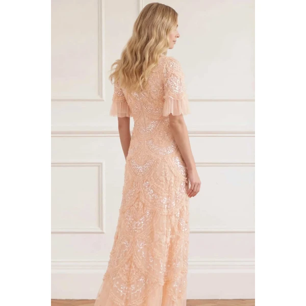 Needle & Thread Carmen Ruffle Ankle Gown in Apricot Blush - Dresses - British Luxury Evening Wear at Luxury Shoes 