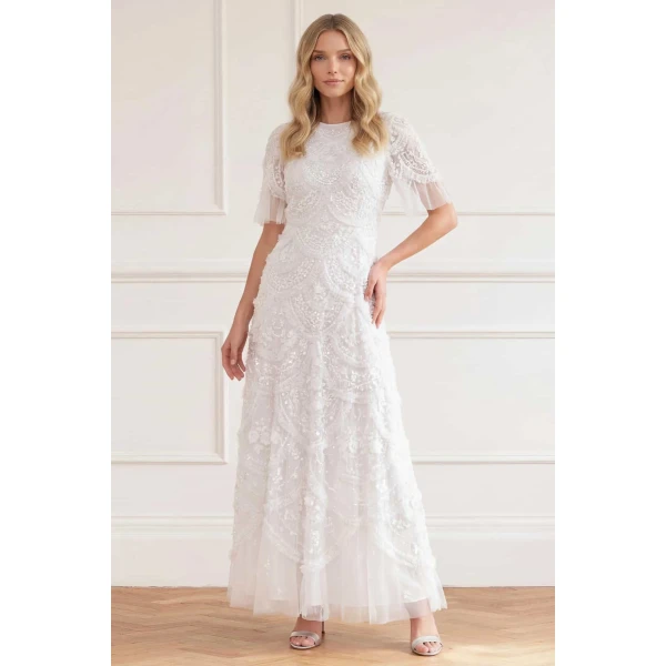 Needle & Thread Carmen Ruffle Ankle Gown in Swan White - Dresses - British Luxury Evening Wear at Luxury Shoes 