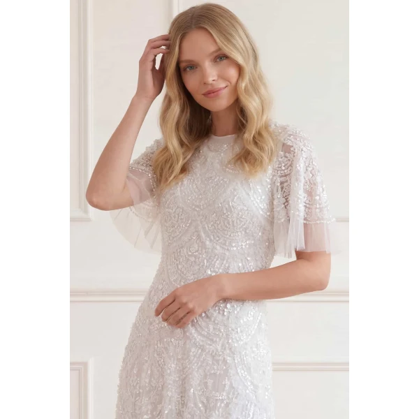 Needle & Thread Carmen Ruffle Ankle Gown in Swan White - Dresses - British Luxury Evening Wear at Luxury Shoes 