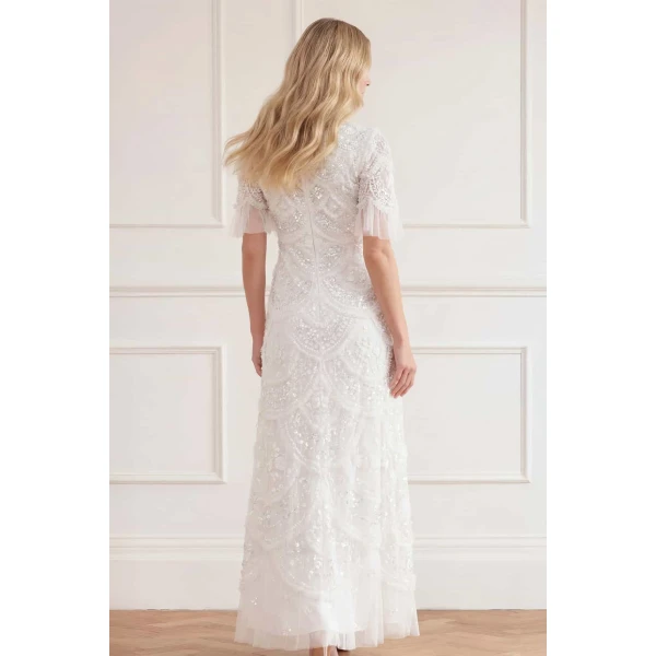 Needle & Thread Carmen Ruffle Ankle Gown in Swan White - Dresses - British Luxury Evening Wear at Luxury Shoes 