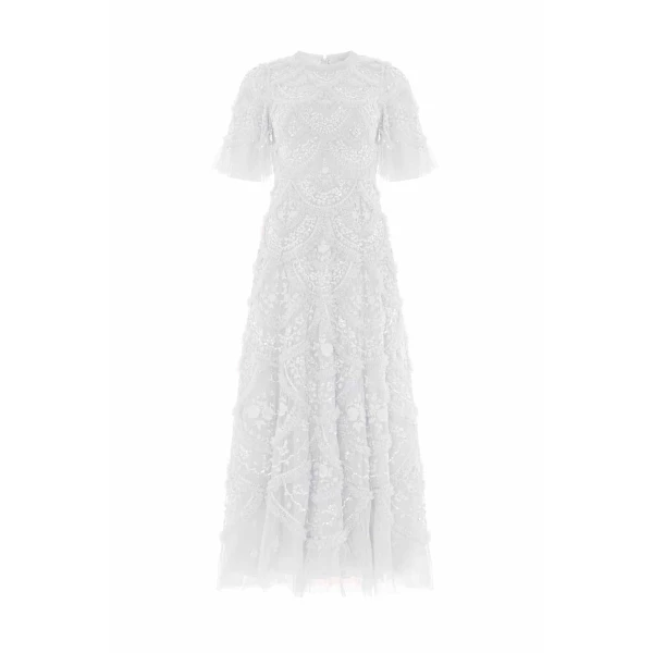Needle & Thread Carmen Ruffle Ankle Gown in Swan White - Dresses - British Luxury Evening Wear at Luxury Shoes 