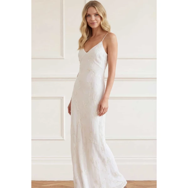 Needle & Thread Cherry Blossom Satin Cami Gown in Cream - Dresses - British Luxury Evening Wear at Luxury Shoes 
