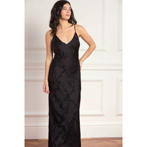 Needle & Thread Cherry Blossom Satin Cami Gown in Jet Black - Dresses - British Luxury Evening Wear at Luxury Shoes 