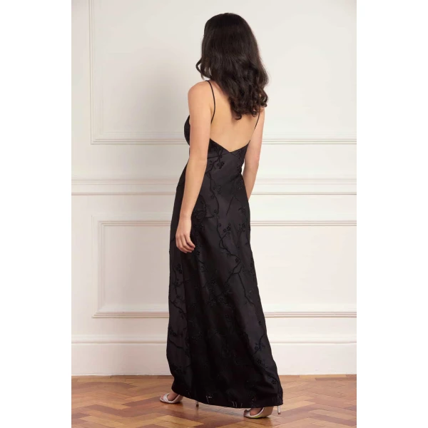 Needle & Thread Cherry Blossom Satin Cami Gown in Jet Black - Dresses - British Luxury Evening Wear at Luxury Shoes 