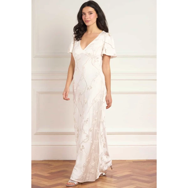 Needle & Thread Cherry Blossom Satin Short Sleeve Gown in Cream - Dresses - British Luxury Evening Wear at Luxury Shoes 