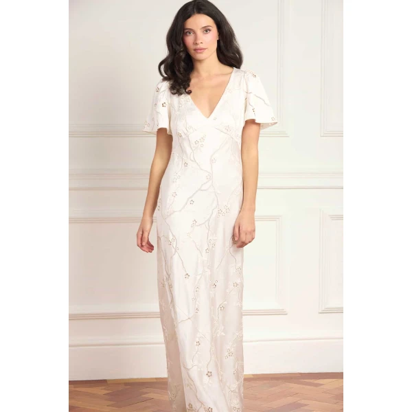 Needle & Thread Cherry Blossom Satin Short Sleeve Gown in Cream - Dresses - British Luxury Evening Wear at Luxury Shoes 