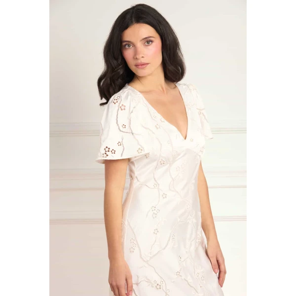 Needle & Thread Cherry Blossom Satin Short Sleeve Gown in Cream - Dresses - British Luxury Evening Wear at Luxury Shoes 