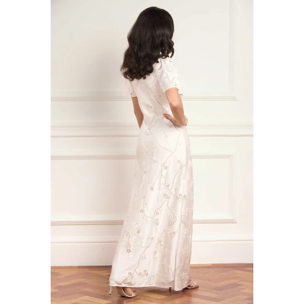 Needle & Thread Cherry Blossom Satin Short Sleeve Gown in Cream - Dresses - British Luxury Evening Wear at Luxury Shoes 