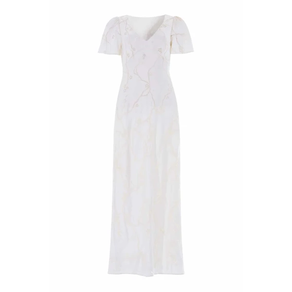 Needle & Thread Cherry Blossom Satin Short Sleeve Gown in Cream - Dresses - British Luxury Evening Wear at Luxury Shoes 