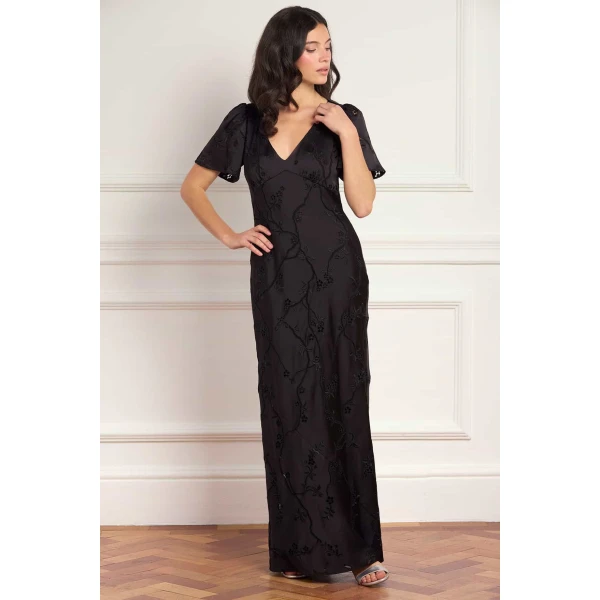 Needle & Thread Cherry Blossom Satin Short Sleeve Gown in Jet Black - Dresses - British Luxury Evening Wear at Luxury Shoes 