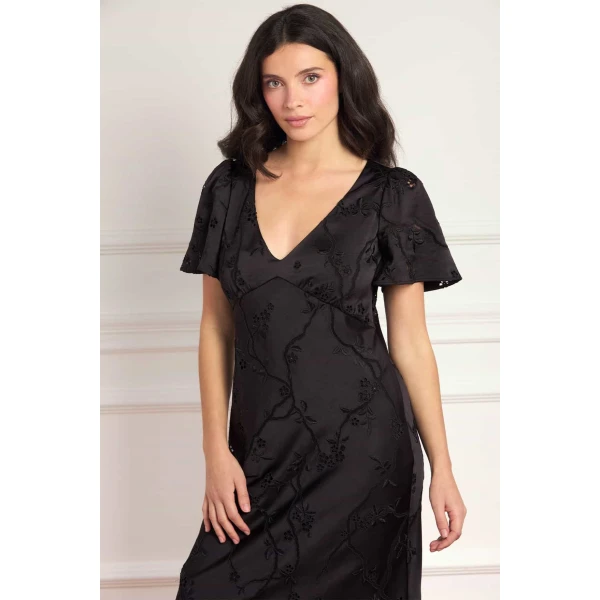 Needle & Thread Cherry Blossom Satin Short Sleeve Gown in Jet Black - Dresses - British Luxury Evening Wear at Luxury Shoes 