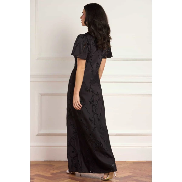 Needle & Thread Cherry Blossom Satin Short Sleeve Gown in Jet Black - Dresses - British Luxury Evening Wear at Luxury Shoes 