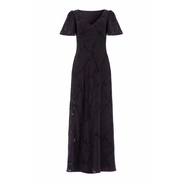 Needle & Thread Cherry Blossom Satin Short Sleeve Gown in Jet Black - Dresses - British Luxury Evening Wear at Luxury Shoes 