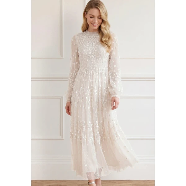 Needle & Thread Clover Long Sleeve Ankle Gown in Cream - Dresses - British Luxury Evening Wear at Luxury Shoes 