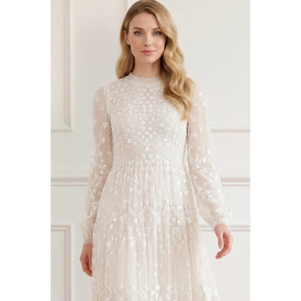 Needle & Thread Clover Long Sleeve Ankle Gown in Cream - Dresses - British Luxury Evening Wear at Luxury Shoes 