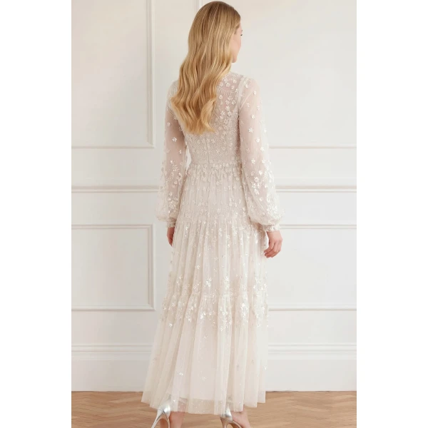 Needle & Thread Clover Long Sleeve Ankle Gown in Cream - Dresses - British Luxury Evening Wear at Luxury Shoes 