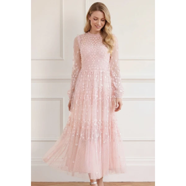 Needle & Thread Clover Long Sleeve Ankle Gown in Shell - Dresses - British Luxury Evening Wear at Luxury Shoes 