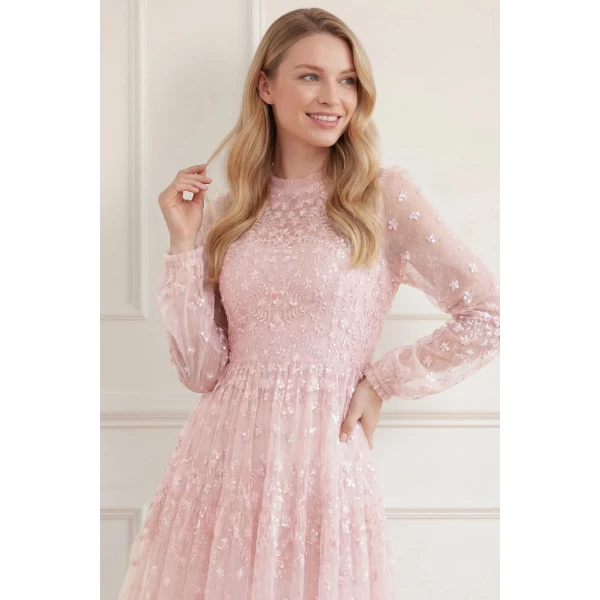 Needle & Thread Clover Long Sleeve Ankle Gown in Shell - Dresses - British Luxury Evening Wear at Luxury Shoes 