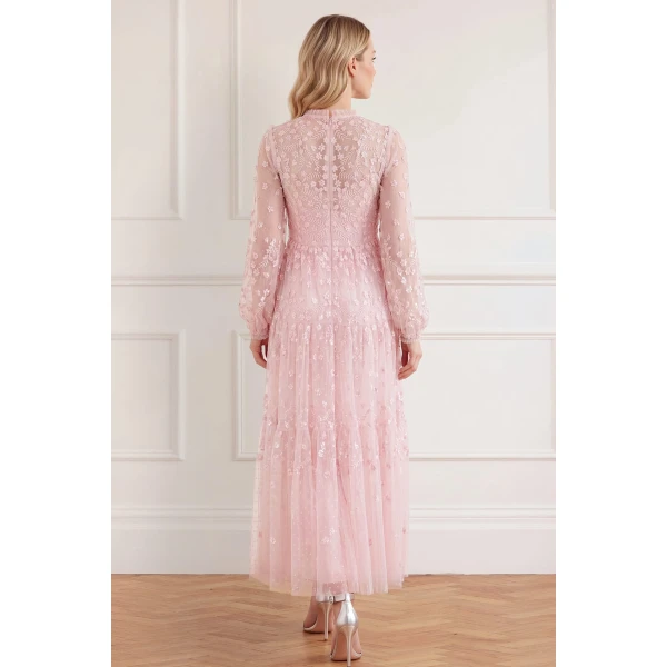 Needle & Thread Clover Long Sleeve Ankle Gown in Shell - Dresses - British Luxury Evening Wear at Luxury Shoes 