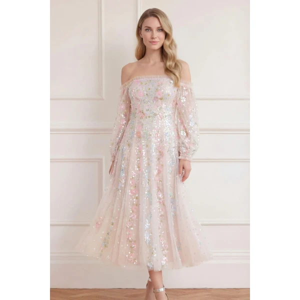 Needle & Thread Confetti Gloss Off-Shoulder Ballerina Dress in Cream/Bright - Dresses - British Luxury Evening Wear at Luxury Shoes 