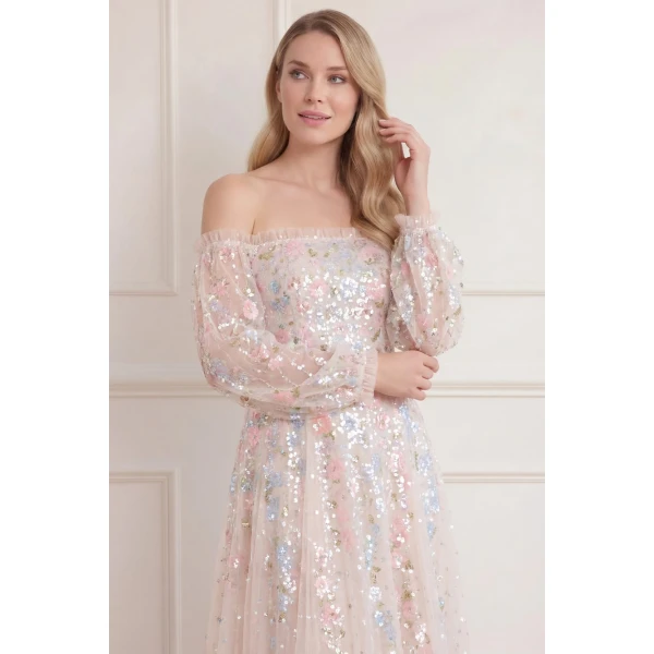 Needle & Thread Confetti Gloss Off-Shoulder Ballerina Dress in Cream/Bright - Dresses - British Luxury Evening Wear at Luxury Shoes 
