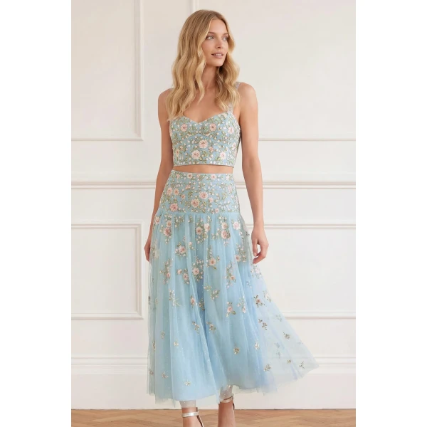 Needle & Thread Eden Rose Ankle Skirt in Aqua/Multi - Skirts - British Luxury Evening Wear at Luxury Shoes 