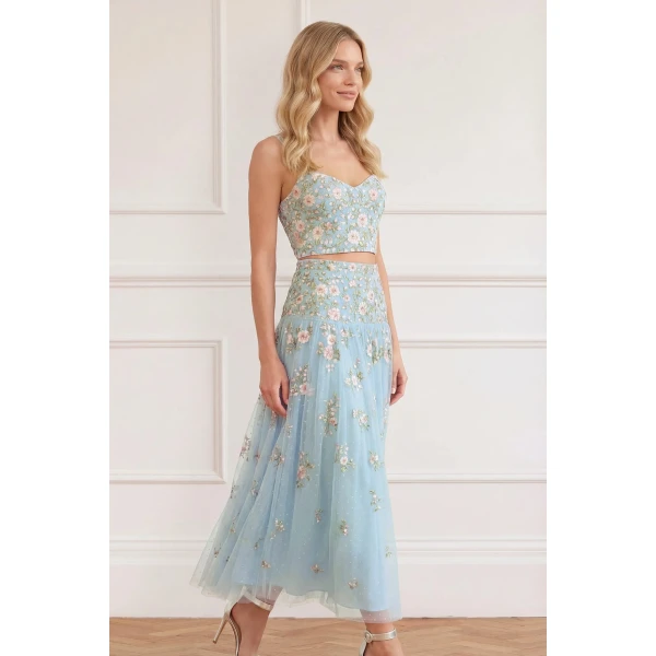 Needle & Thread Eden Rose Ankle Skirt in Aqua/Multi - Skirts - British Luxury Evening Wear at Luxury Shoes 