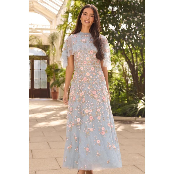 Needle & Thread Eden Rose Cape Ankle Gown in Aqua/Multi - Dresses - British Luxury Evening Wear at Luxury Shoes 