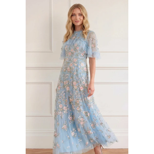 Needle & Thread Eden Rose Cape Ankle Gown in Aqua/Multi - Dresses - British Luxury Evening Wear at Luxury Shoes 