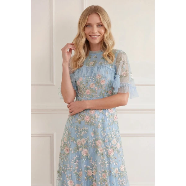 Needle & Thread Eden Rose Cape Ankle Gown in Aqua/Multi - Dresses - British Luxury Evening Wear at Luxury Shoes 