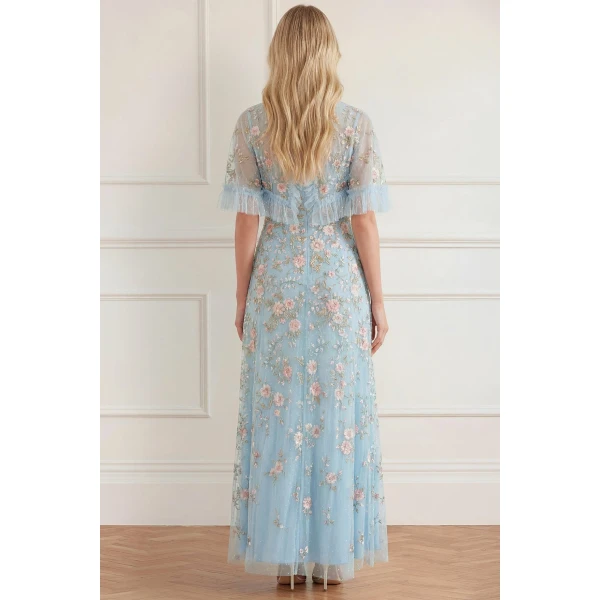 Needle & Thread Eden Rose Cape Ankle Gown in Aqua/Multi - Dresses - British Luxury Evening Wear at Luxury Shoes 
