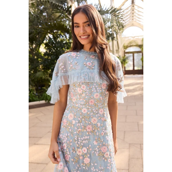 Needle & Thread Eden Rose Cape Ankle Gown in Aqua/Multi - Dresses - British Luxury Evening Wear at Luxury Shoes 