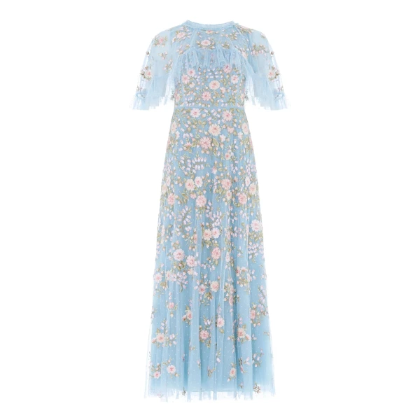 Needle & Thread Eden Rose Cape Ankle Gown in Aqua/Multi - Dresses - British Luxury Evening Wear at Luxury Shoes 