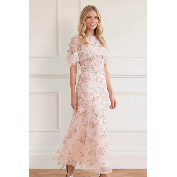 Needle & Thread Eden Rose Cape Ankle Gown in Cream/Multi - Dresses - British Luxury Evening Wear at Luxury Shoes 