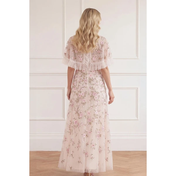 Needle & Thread Eden Rose Cape Ankle Gown in Cream/Multi - Dresses - British Luxury Evening Wear at Luxury Shoes 