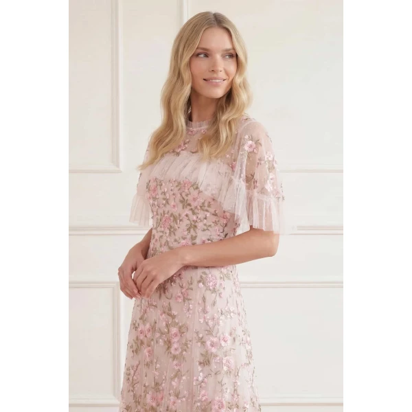 Needle & Thread Eden Rose Cape Ankle Gown in Cream/Multi - Dresses - British Luxury Evening Wear at Luxury Shoes 