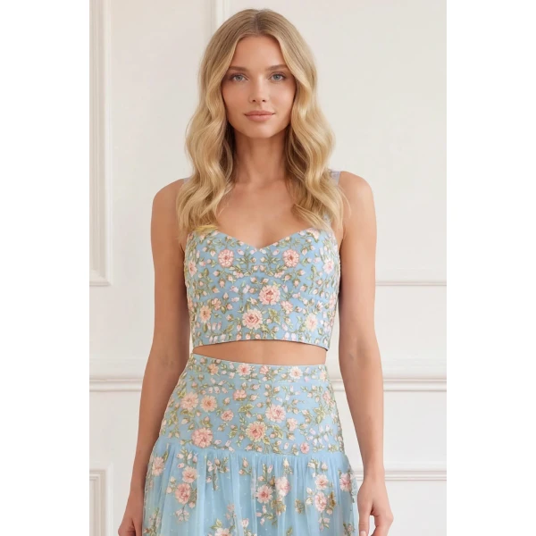 Needle & Thread Eden Rose Top in Aqua/Multi - Tops - British Luxury Evening Wear at Luxury Shoes 