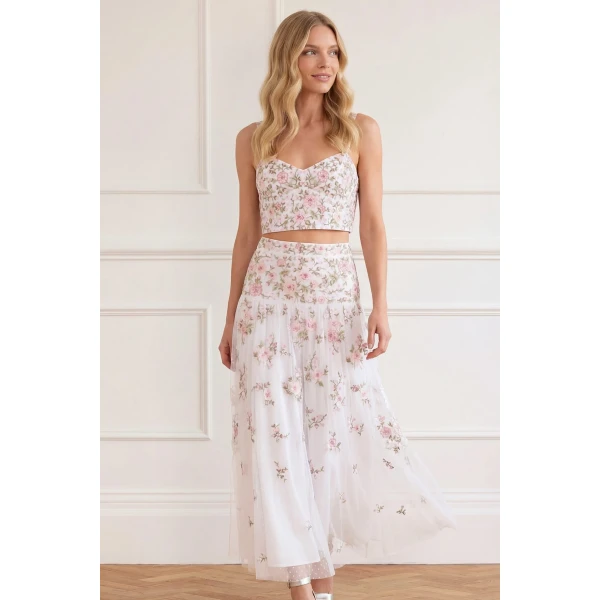 Needle & Thread Eden Rose Top in Swan White/Multi - Tops - British Luxury Evening Wear at Luxury Shoes 