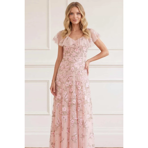 Needle & Thread Eden Rose V-Neck Ankle Gown in Opal/Multi - Dresses - British Luxury Evening Wear at Luxury Shoes 