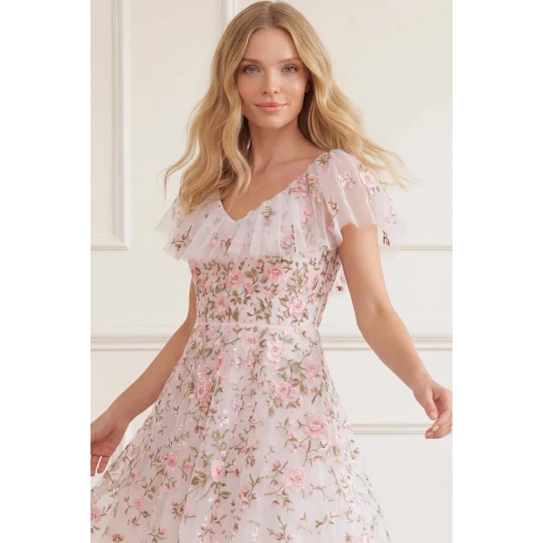 Needle & Thread Eden Rose V-Neck Micro Mini Dress in Swan White/Multi - Dresses - British Luxury Evening Wear at Luxury Shoes 