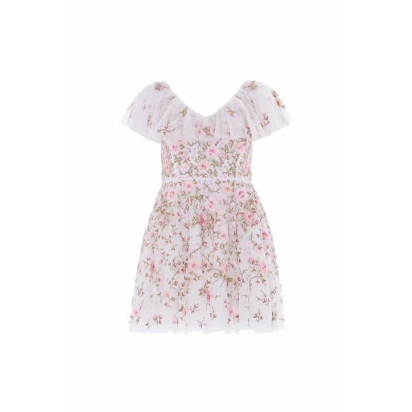 Needle & Thread Eden Rose V-Neck Micro Mini Dress in Swan White/Multi - Dresses - British Luxury Evening Wear at Luxury Shoes 