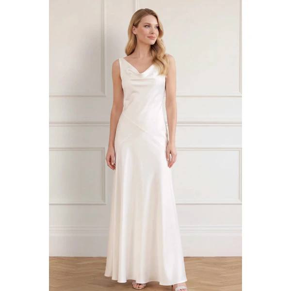 Needle & Thread Evangeline Satin Cowl Neck Gown in Chalk - Dresses - British Luxury Evening Wear at Luxury Shoes 