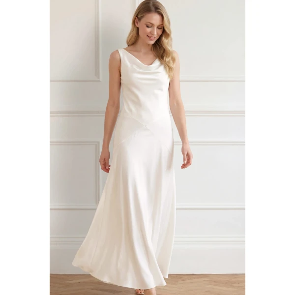 Needle & Thread Evangeline Satin Cowl Neck Gown in Chalk - Dresses - British Luxury Evening Wear at Luxury Shoes 