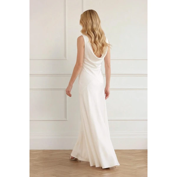 Needle & Thread Evangeline Satin Cowl Neck Gown in Chalk - Dresses - British Luxury Evening Wear at Luxury Shoes 