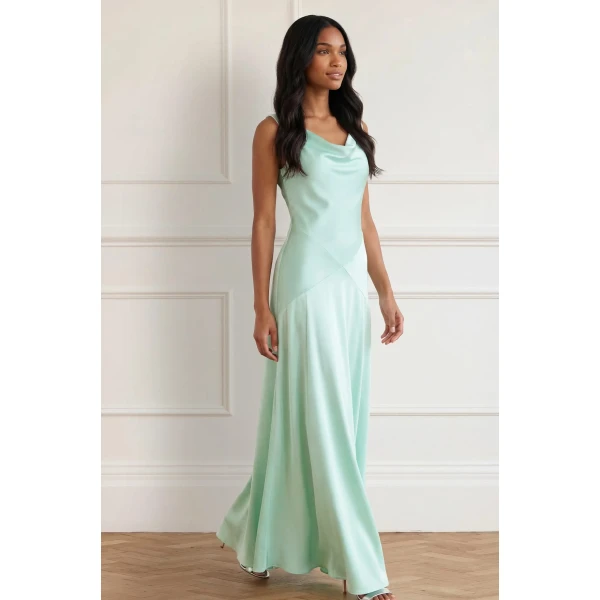 Needle & Thread Evangeline Satin Cowl Neck Gown in Sea Mist - Dresses - British Luxury Evening Wear at Luxury Shoes 