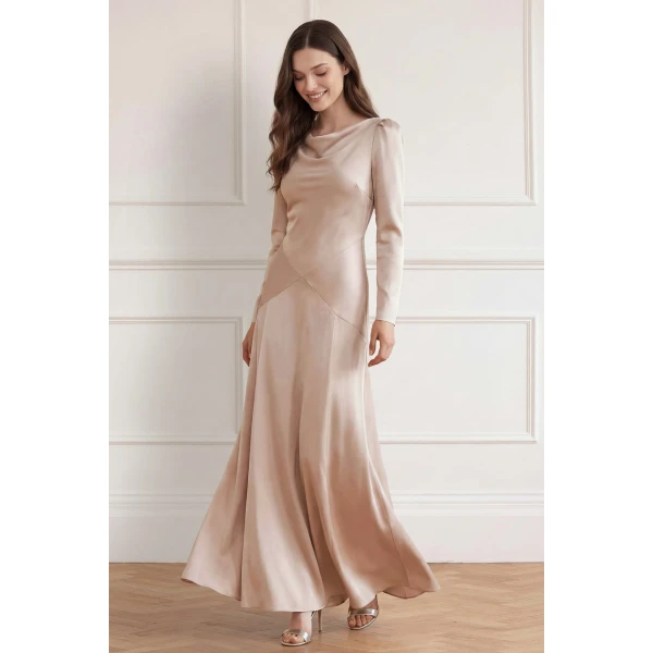 Needle & Thread Evangeline Satin Cowl Neck Long Sleeve Gown in Biscui - Dresses - British Luxury Evening Wear at Luxury Shoes 