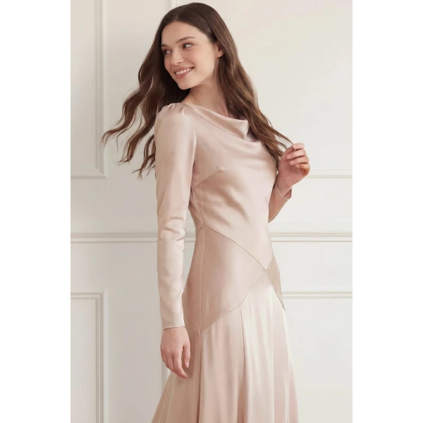Needle & Thread Evangeline Satin Cowl Neck Long Sleeve Gown in Biscui - Dresses - British Luxury Evening Wear at Luxury Shoes 